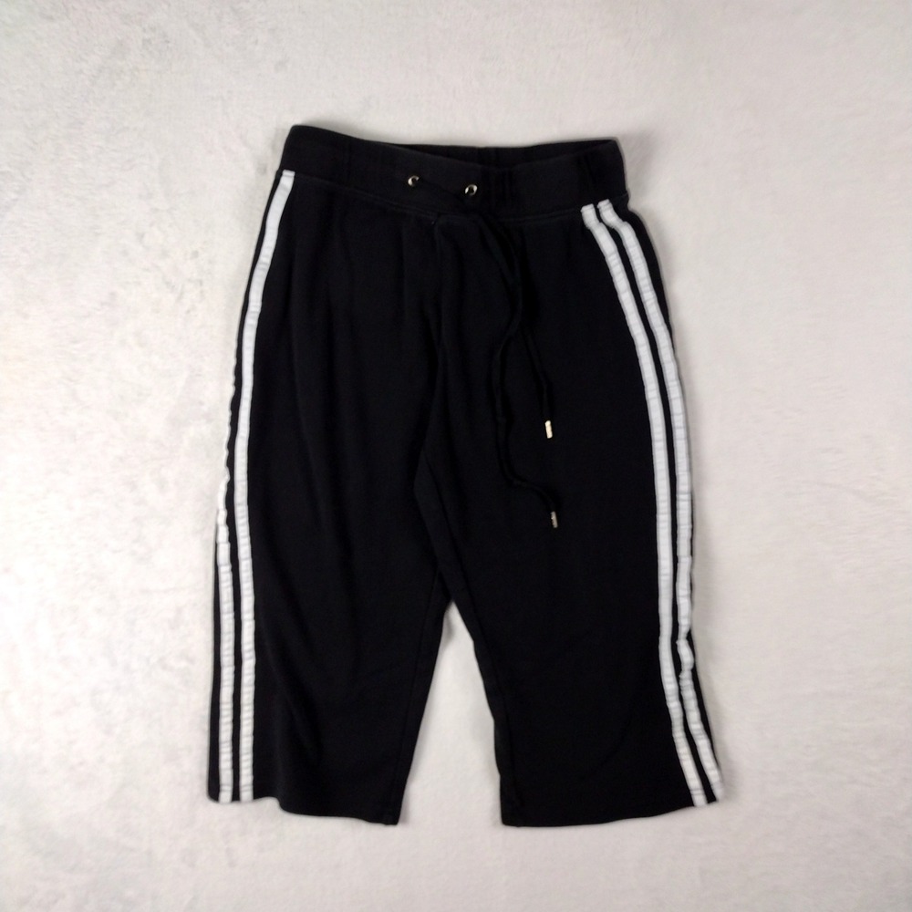 CW Sport Womens Black White Striped Capri Jogger Pants Medium Drawstring Knit